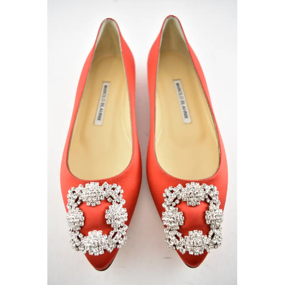 Manolo Blahnik Hangisi Red Satin Silver Jewel Buckle Ballerina Ballet Flat 39.5 - Picture 8 of 12